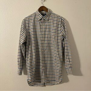 Lands End Mens Button Down Shirt Blue/Beige Check Pattern Long Sleeve SZ 16-33